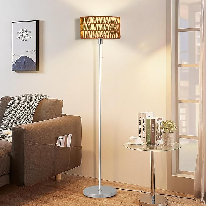 Rattan Floor Lamp for Living Room, Boho Standing Lamp with 3 Color Temperatures, Farmhouse Floor Lamp Wicker Lamp Double Shades, Bohemian Floor Lamps for Bedroom, Office(Chrome) - LeafyLoom