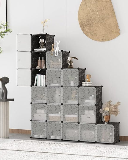 C&AHOME Cube Storage Organizer, 20-Cube Storage Shelving with Doors, Modular Book Shelf, Plastic Shelves Organizing Units, Ideal for Bedroom Living Room 48.4" L × 12.4" W × 60.6" H Black SHS3020B-DOOR - LeafyLoom