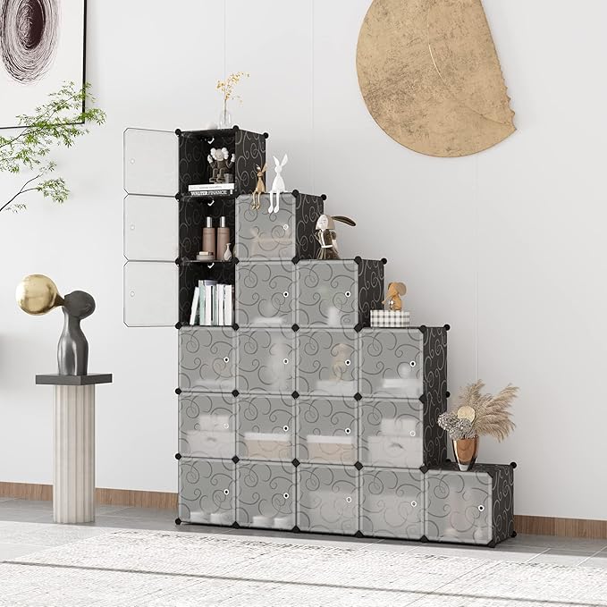 C&AHOME Cube Storage Organizer, 20-Cube Storage Shelving with Doors, Modular Book Shelf, Plastic Shelves Organizing Units, Ideal for Bedroom Living Room 48.4" L × 12.4" W × 60.6" H Black SHS3020B-DOOR - LeafyLoom
