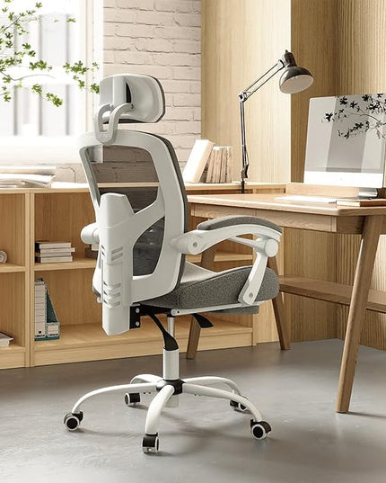 edx Ergonomic Office Chair, Reclining High Back Mesh Computer Desk Swivel Rolling Home Task Chair with Lumbar Support Pillow, Adjustable Headrest, Retractable Footrest and Padded Armrests, Grey - LeafyLoom