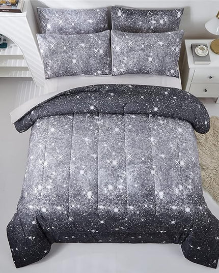 Grey Glitter Comforter Set Twin Size for Boys Teen, Sparkle Galaxy Twinkle Starlight Comforter for Kids Adult, 2 Piece Black Grey Ombre Bedding Set with 1 Pillow Case(Grey,Twin) - LeafyLoom