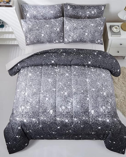Grey Glitter Comforter Set Full/Queen Size for Boys Teen, Sparkle Galaxy Twinkle Starlight Comforter for Kids Adult, 3 Piece Black Grey Ombre Bedding Set with 2 Pillow Cases(Grey,Queen) - LeafyLoom