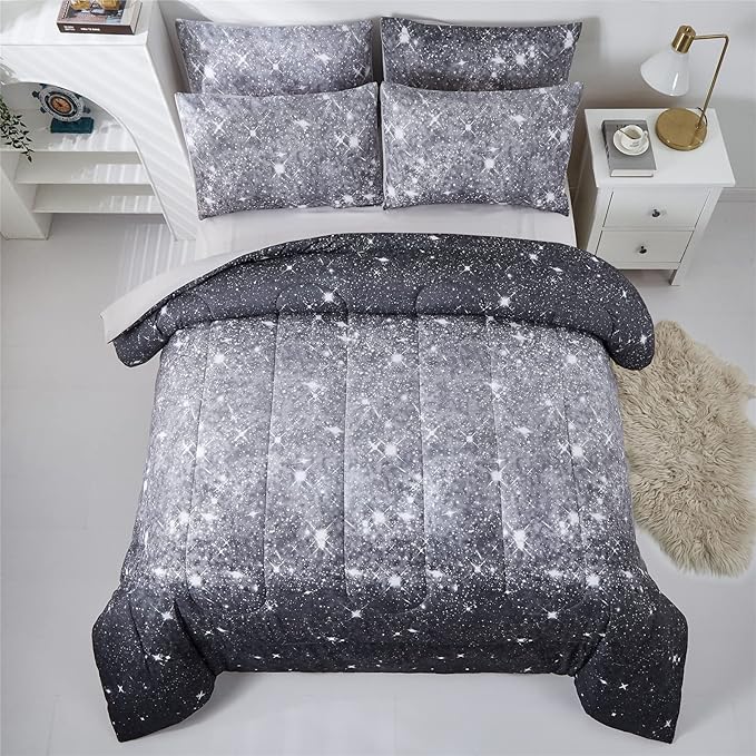 Grey Glitter Comforter Set Full/Queen Size for Boys Teen, Sparkle Galaxy Twinkle Starlight Comforter for Kids Adult, 3 Piece Black Grey Ombre Bedding Set with 2 Pillow Cases(Grey,Queen) - LeafyLoom