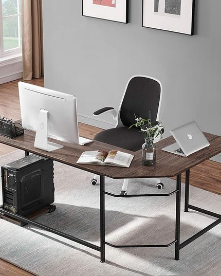 VECELO L Shaped Computer Corner Desk with CPU Stand/PC Laptop Study Writing Table for Home Office Workstation Wood & Metal, 66 in, Coffee + Black Leg - LeafyLoom
