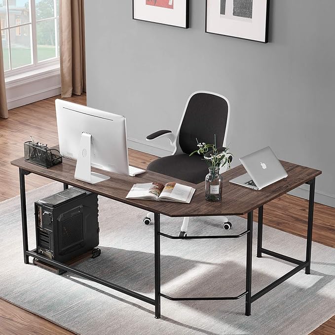 VECELO L Shaped Computer Corner Desk with CPU Stand/PC Laptop Study Writing Table for Home Office Workstation Wood & Metal, 66 in, Coffee + Black Leg - LeafyLoom