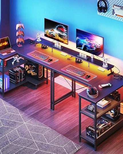 ODK 40 Inch Gaming Desk with USB Power Outlets and LED Lights, Reversible L Shaped Computer Desk with Storage Shelves & Monitor Stand, Corner Home Office Desk Table, Carbon Fiber Surface, Black - LeafyLoom