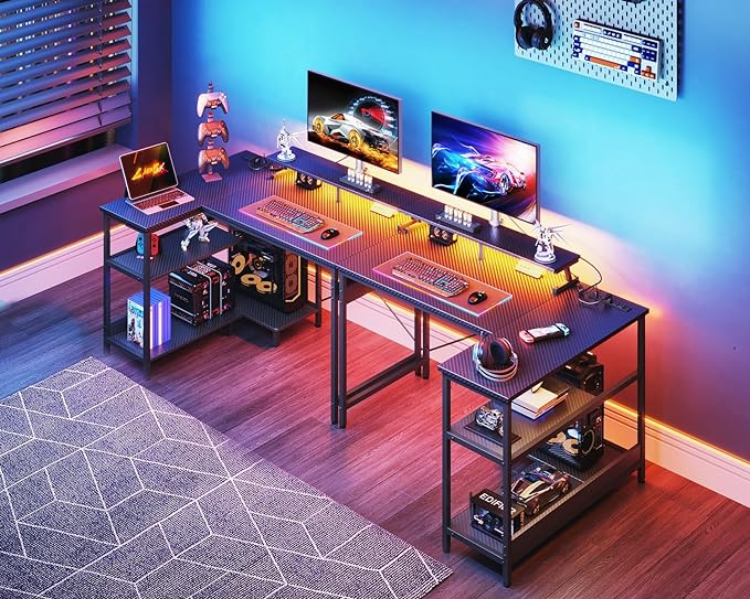 ODK 40 Inch Gaming Desk with USB Power Outlets and LED Lights, Reversible L Shaped Computer Desk with Storage Shelves & Monitor Stand, Corner Home Office Desk Table, Carbon Fiber Surface, Black - LeafyLoom