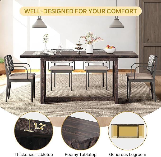 YITAHOME 70.8" Large Farmhouse Dining Table for 6 to 8 People, Rustic Style Wood Dinner Table, Rectangular Dining Table for Kitchen, Dining Room & Living Room - LeafyLoom