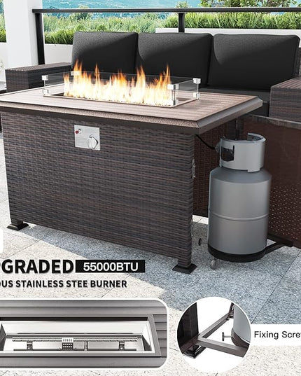 Kullavik 7 Pieces Outdoor Patio Furniture Set with 43" 55000BTU Gas Propane Fire Pit Table PE Wicker Rattan Sectional Sofa Patio Conversation Sets - LeafyLoom