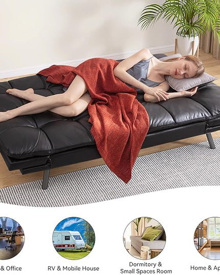 Memory Foam Faux Leather Futon Sofa Bed Couch,Convertible Futon Sofa Couch,Loveseat Sleeper Sofa Bed,Small Splitback Modern Sofa Bed for Living Room,Office,Apartment,Bright Black - LeafyLoom