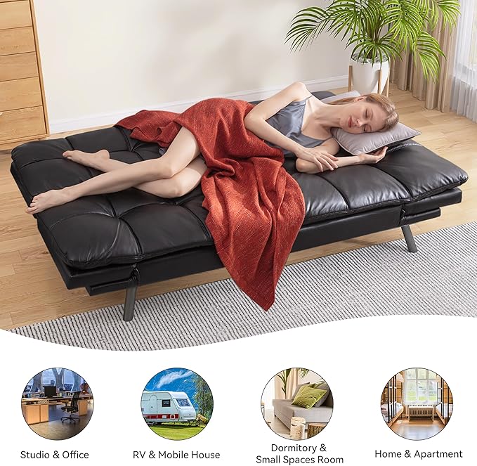 Memory Foam Faux Leather Futon Sofa Bed Couch,Convertible Futon Sofa Couch,Loveseat Sleeper Sofa Bed,Small Splitback Modern Sofa Bed for Living Room,Office,Apartment,Bright Black - LeafyLoom
