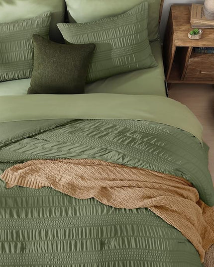 CASAAGUSTO Twin XL comforter Set, 5 Pieces Olive Green Seersucker Bed in a Bag Twin XL Soft All Seasons, Twin XL Bedding Sets with Comforter, Flat Sheet, Fitted Sheet, 1 Pillow Sham, 1 Pillowcase - LeafyLoom
