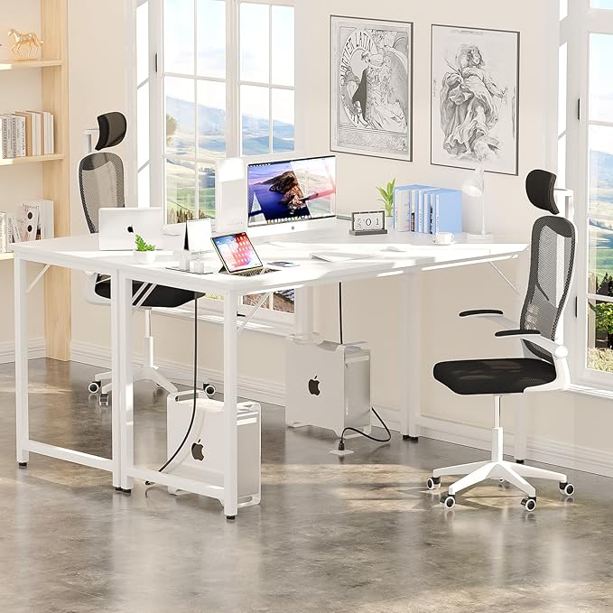 47 Inch Computer Desks with Power Outlets and USB Charging Ports, Modern Office Desk for Small Spaces, Sturdy Laptop PC Gaming Writing Table for Students, Pure White - LeafyLoom