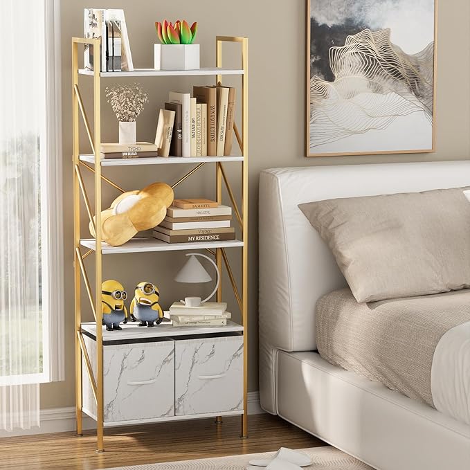5 Tier Industrial Bookcase Shelf for Bedroom/Living Room/Home Office,Rustic Tall Storage Rack with 2 Drawers,Open Display Standing Shelf Units Shelves for Books and Movies, 22.4 in (Gold,2 Drawers) - LeafyLoom