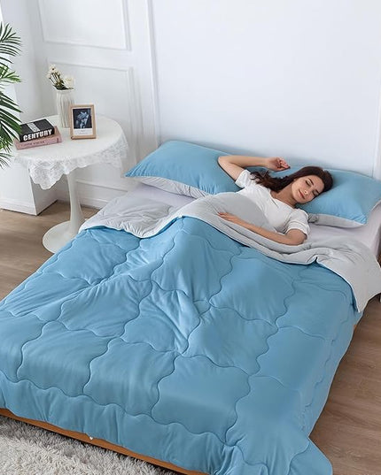 COTTEBED Blue and Grey KING Sized Bed Down Comforters Set, Jersey Knit Milk Cup Dual-Sided Reversible Softness Breathable Lightweight California King Bedding Alternative Quilt & Pillowsham All Seasons - LeafyLoom