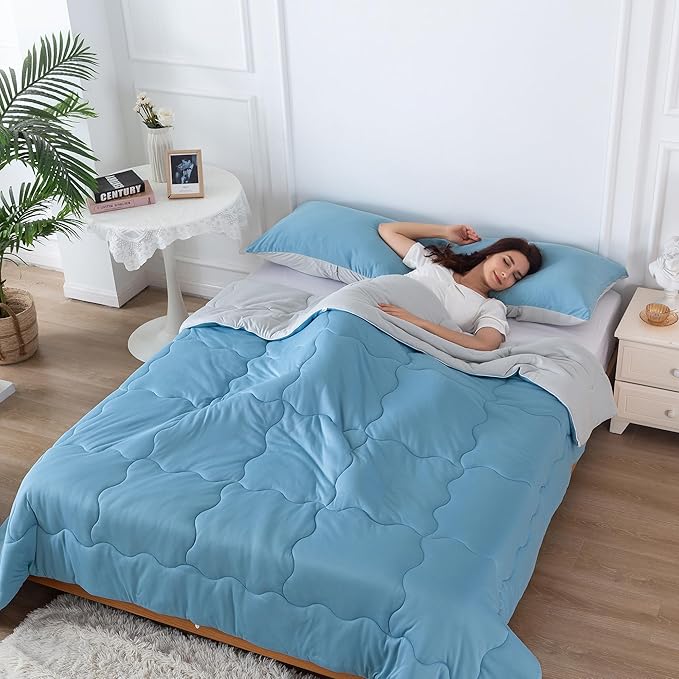 COTTEBED Blue and Grey KING Sized Bed Down Comforters Set, Jersey Knit Milk Cup Dual-Sided Reversible Softness Breathable Lightweight California King Bedding Alternative Quilt & Pillowsham All Seasons - LeafyLoom