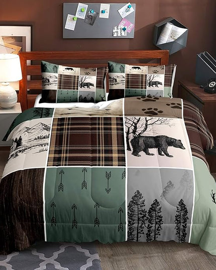 LUVIVIHOME 3PCS Rustic Cabin Comforter Set, Brown Plaid Patchwork Sage Green Queen Comforter, Black Bear Deer Elk Moose Woodland Forest Animal Wildlife Lodge Country Farmhouse Bedding, 2 Pillow Shams - LeafyLoom