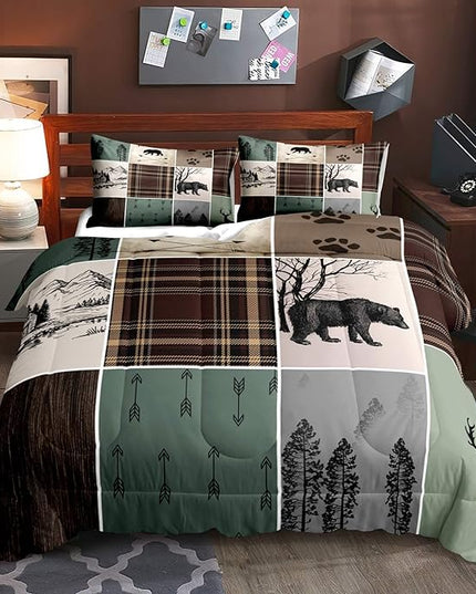 LUVIVIHOME 3PCS Farmhouse Cabin Comforter Set, Brown Plaid Patchwork Sage Green Full Size Comforter, Black Bear Deer Moose Woodland Forest Animal Wildlife Lodge Country Rustic Bedding, 2 Pillow Shams - LeafyLoom