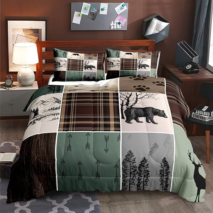 LUVIVIHOME 3PCS Farmhouse Cabin Comforter Set, Brown Plaid Patchwork Sage Green Full Size Comforter, Black Bear Deer Moose Woodland Forest Animal Wildlife Lodge Country Rustic Bedding, 2 Pillow Shams - LeafyLoom