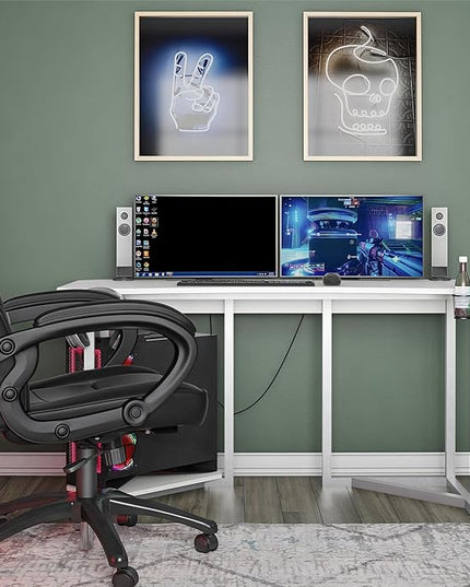 Quest Gaming Desk with CPU Stand, White - LeafyLoom