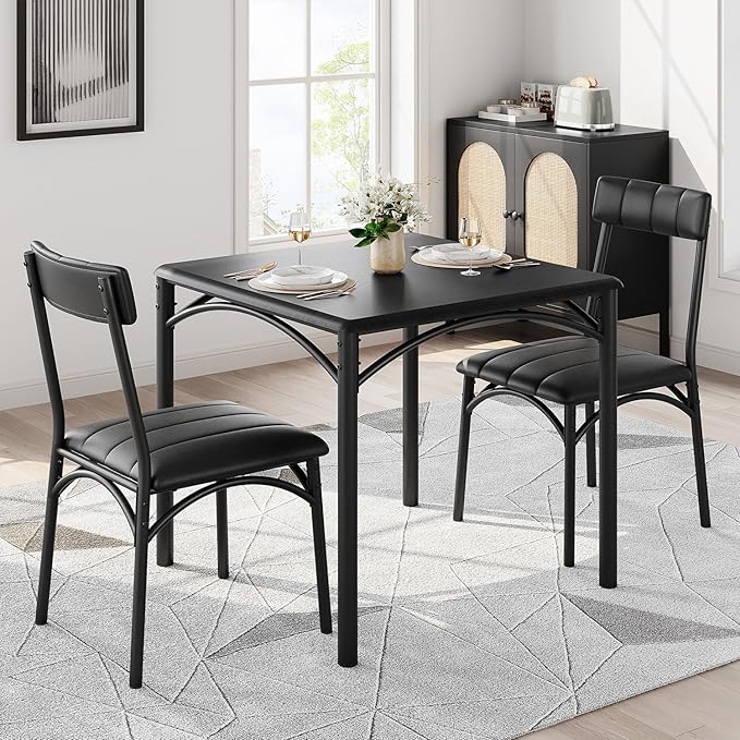 IDEALHOUSE Kitchen Table and Chairs for 2, Dining Table Set for 2 with Upholstered Chairs, 3 Piece Square Kitchen Table Set, Dining Room Table Set for Small Space, Apartment, Rustic Black - LeafyLoom