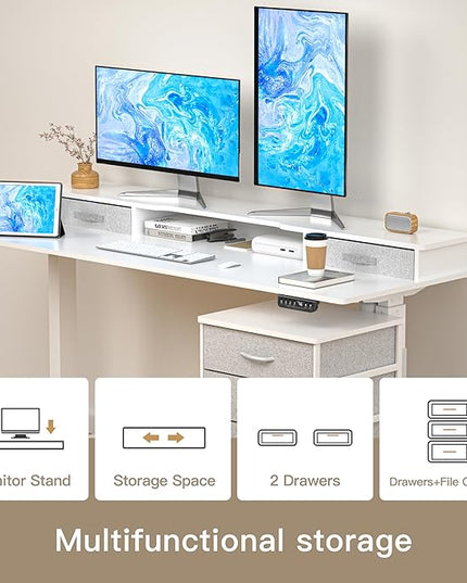 55 Inch Electric Standing Desk with Cabinet & Drawers, Height Adjustable Sit Stand Desk with Monitor Shelf, Smart Home Office Standing Computer Desk, White - LeafyLoom