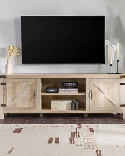 Walker Edison Georgetown Modern Farmhouse Double Barn Door TV Stand for TVs up to 80 Inches, 70 Inch, White Oak, Without Fireplace - LeafyLoom