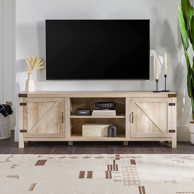 Walker Edison Georgetown Modern Farmhouse Double Barn Door TV Stand for TVs up to 80 Inches, 70 Inch, White Oak, Without Fireplace - LeafyLoom