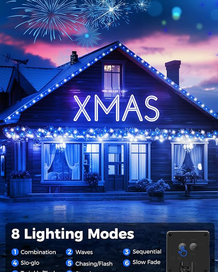 Minetom Solar Christmas Lights Outdoor Waterproof, 40FT 100 LED Solar Lights with 8 Modes, Solar Christmas Outdoor Decoration, Solar String Lights for Outside House Tree Party Yard, Blue& Pure White Minetom