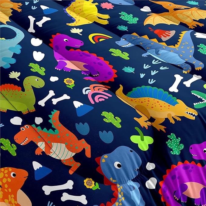 Dinosaur Full Size Bedding Set - Cartoon Dinosaur Full Size Comforter Sets for Boys Soft Breathable Blue Dino Quilt Kids Comforter Set Decor for Boys Bedroom, 1 Comforter 2 Pillowcase - LeafyLoom
