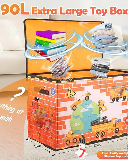 Large Toy Box Chest, Collapsible Sturdy Toy Storage Organizer for Kids, Boys, Girls, 25"x13"x16" Toy Chest Storage Bins with Lids Toy Bins Baskets Boxes for Living Room, Playroom, Nursery, Orange - LeafyLoom