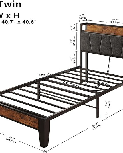 LIKIMIO Twin XL Bed Frames, Storage Headboard with Charging Station, Solid and Stable, Noise Free, No Box Spring Needed, Easy Assembly - LeafyLoom