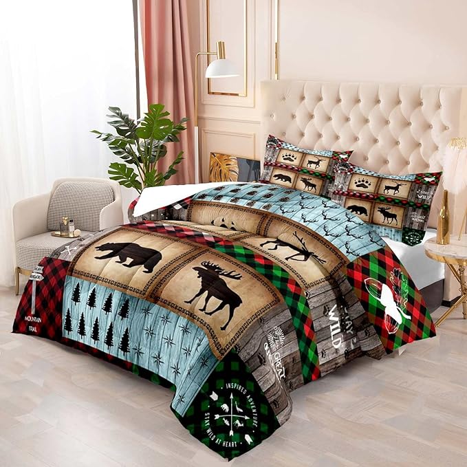 LUVIVIHOME 2PCS Rustic Farmhouse Cabin Comforter Set Twin Size, Bear Elk Moose Deer Bedding Sets, Forest Animal Wildlife Hunting Country Lodge Green Red Plaid Brown Patchwork Quilt, 1 Pillow Sham - LeafyLoom