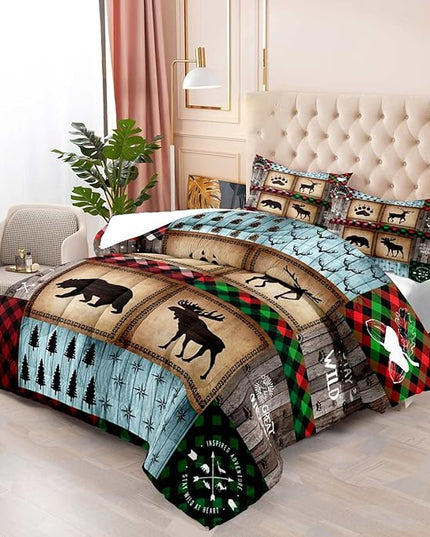 LUVIVIHOME 3PCS Rustic Farmhouse Cabin Comforter Set Full Size, Bear Elk Moose Deer Bedding Sets, Forest Animal Wildlife Hunting Country Lodge Green Red Plaid Brown Patchwork Quilt, 2 Pillow Shams - LeafyLoom