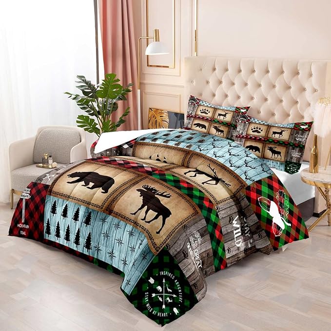 LUVIVIHOME 3PCS Rustic Farmhouse Cabin Comforter Set King Size, Bear Elk Moose Deer Bedding Sets, Forest Animal Wildlife Hunting Country Lodge Green Red Plaid Brown Patchwork Quilt, 2 Pillow Shams - LeafyLoom