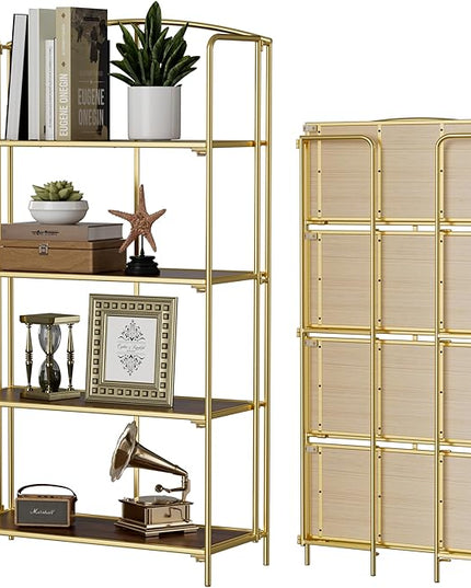 No Assembly Folding Bookshelf, 4 Tier Gold Bookshelf, Metal Book Shelf for Storage, Folding Bookcase for Office Organization and Storage, 12.87" D x 30.9" W x 55.71" H - LeafyLoom