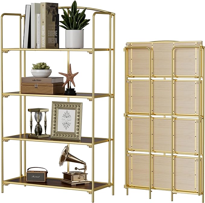 No Assembly Folding Bookshelf, 4 Tier Gold Bookshelf, Metal Book Shelf for Storage, Folding Bookcase for Office Organization and Storage, 12.87" D x 30.9" W x 55.71" H - LeafyLoom