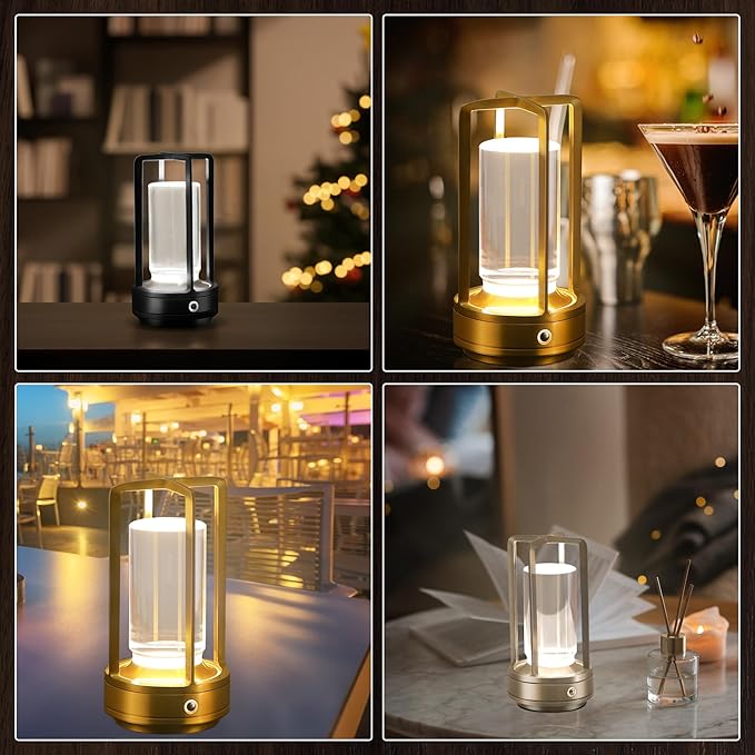 Portable Metal Table Lamp,Cordless Table Lamp,Battery Operated, 3 Light Colors, for Restaurant/Bedroom/Bars/Outdoor Party/Camping/Coffee Shop Atmosphere Night Light (Gold) - LeafyLoom
