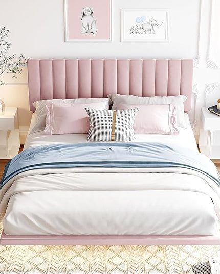 RITSU Queen Size Upholstered Floating Velvet Platform Bed with Sensor Light and Headboard, Plywood & Solid Bedframe, for Apartment Bedroom, No Need for Box Springs, Pink - LeafyLoom