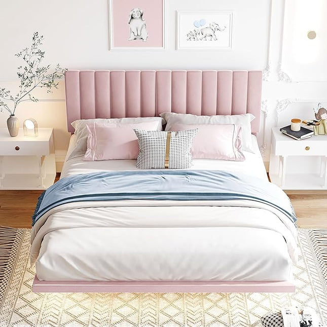 RITSU Queen Size Upholstered Floating Velvet Platform Bed with Sensor Light and Headboard, Plywood & Solid Bedframe, for Apartment Bedroom, No Need for Box Springs, Pink - LeafyLoom