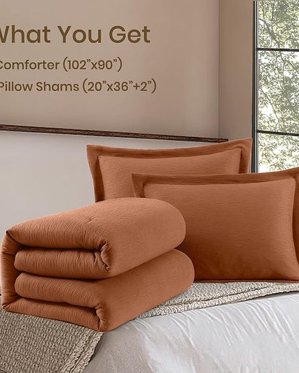 Burnt Orange King Size Comforter Set, Premium Summer King Bedding Set 3 Piece, Crinkle Design King Bed Set with Minimalist Comforter & Shams (King, 102"x90") - LeafyLoom