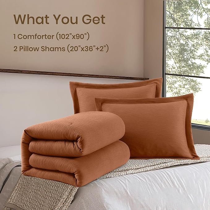 Burnt Orange King Size Comforter Set, Premium Summer King Bedding Set 3 Piece, Crinkle Design King Bed Set with Minimalist Comforter & Shams (King, 102"x90") - LeafyLoom