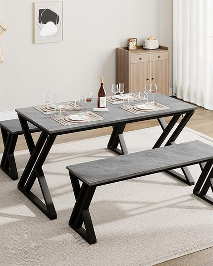 IDEALHOUSE Kitchen Table with Benches, Dining Table Benches Set for 4, Rectangular Kitchen Table Set with Sturdy Metal Frame, Saving Space for Kitchen, Dining Room, Apartment, Gray, 44.8" - LeafyLoom