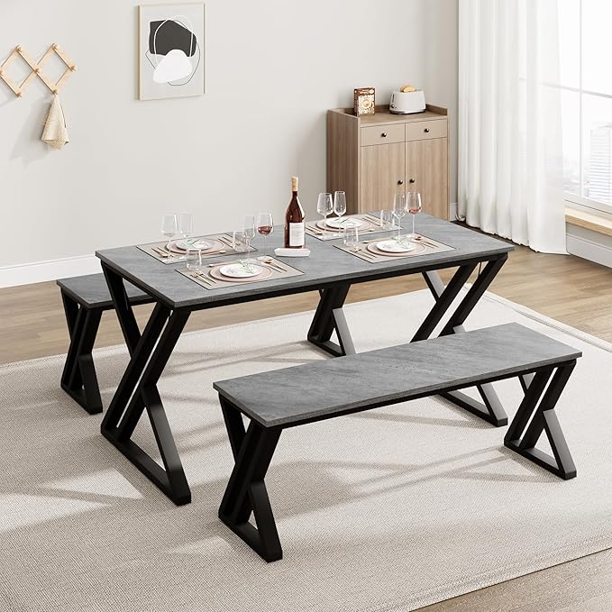 IDEALHOUSE Kitchen Table with Benches, Dining Table Benches Set for 4, Rectangular Kitchen Table Set with Sturdy Metal Frame, Saving Space for Kitchen, Dining Room, Apartment, Gray, 44.8" - LeafyLoom
