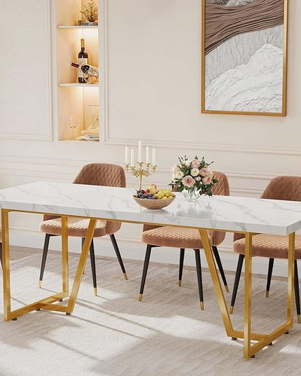 DWVO 82.6'' Large Modern Dining Table for 8-10 People, Rectangular White Kitchen Dining Room Table with Faux Marble Tabletop and Geometric Gold Metal Legs, Wood Dinner Tables for Family Gathering - LeafyLoom
