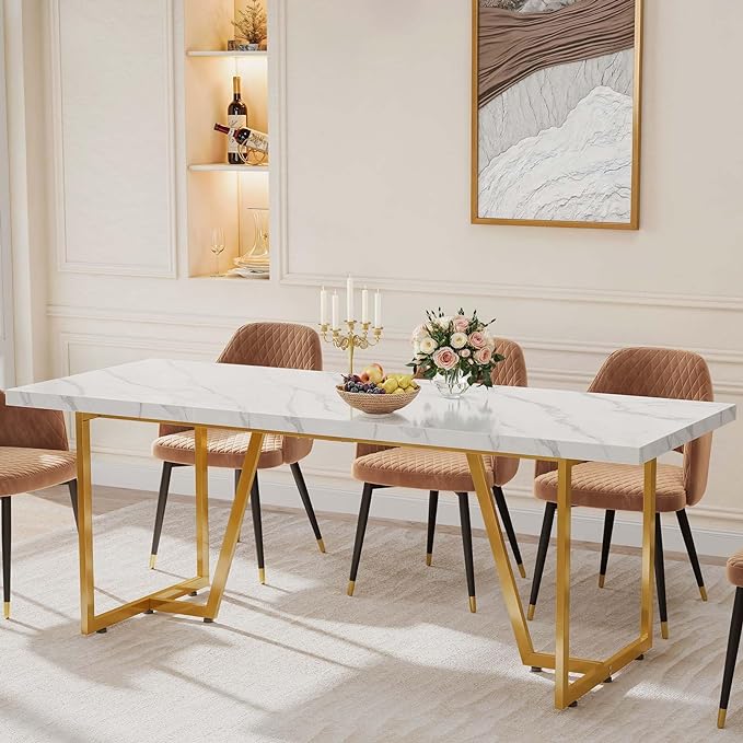 DWVO 82.6'' Large Modern Dining Table for 8-10 People, Rectangular White Kitchen Dining Room Table with Faux Marble Tabletop and Geometric Gold Metal Legs, Wood Dinner Tables for Family Gathering - LeafyLoom
