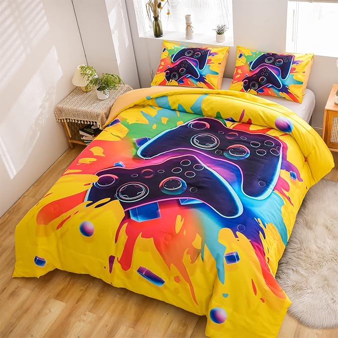 Aimuan Gamer Gaming Bedding Sets 3D Gamepad Comforter Sets for Boys Games Console Action Buttons Novelty Colorful Game Controller Modern Room Decor Home Quilt Set (Full, Yellow) - LeafyLoom