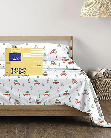 THREAD SPREAD 100% Egyptian Cotton Printed Queen Sheet Sets - 600 Thread Count Queen Sheets, 4 PC Soft & Breathable Cooling Sheets, Deep Pocket Festive Joy Sheets, Winter Holiday Cotton Sheets - LeafyLoom