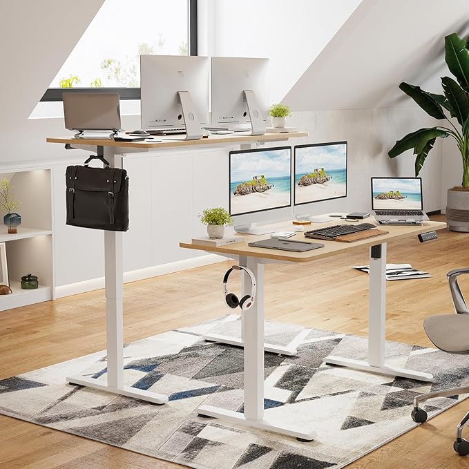 STARY Electric Memory Preset 48 x 24 Inches Adjustable Height Computer Workstation Sit Stand Home Office Desk with Splice Board, 4824, Castin Oak Desktop/White Frame - LeafyLoom