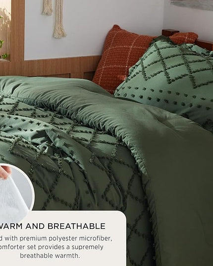 Bedsure Twin/Twin XL Comforter Set - Olive Green Boho Twin Extra Long Comforter Set for College, Shabby Chic Dorm Bedding Set, 2 Pieces Modern Farmhouse Bed Set, includes 1 Pillow Sham - LeafyLoom